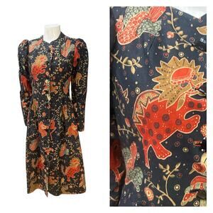 Vintage Folk Art Boho Animal Print Long Coat Puff Shoulders / Women’s XS -